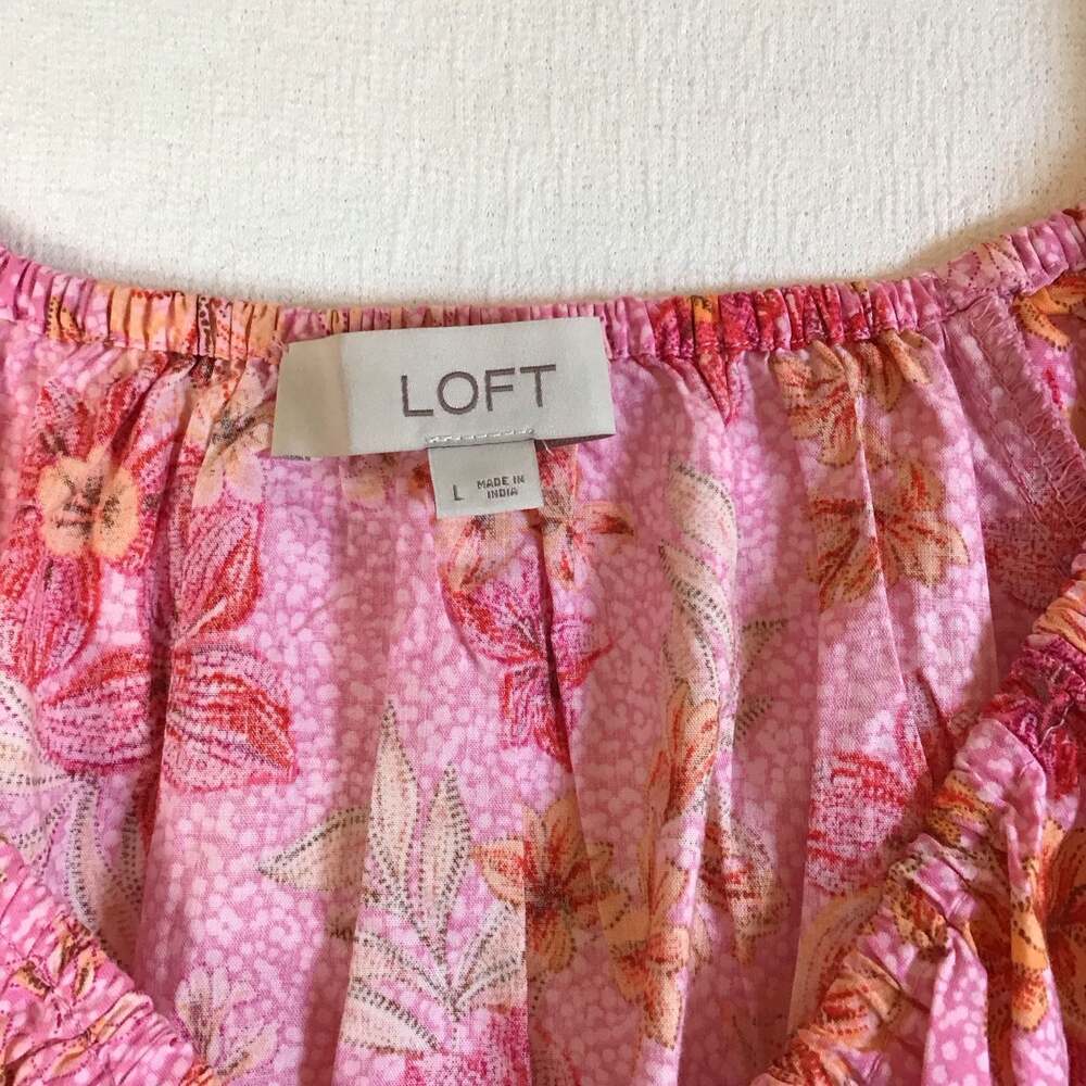 LOFT Lily Gathered Waist Floral Puff Sleeve Blouse large boho Flirty - Picture 6 of 12